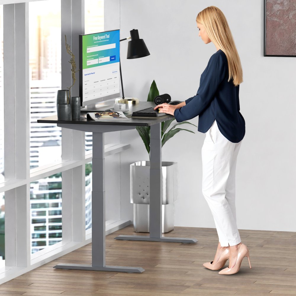 HomeRoots Gray and Black 52" Bamboo Dual Motor Electric Office Adjustable Computer Desk
