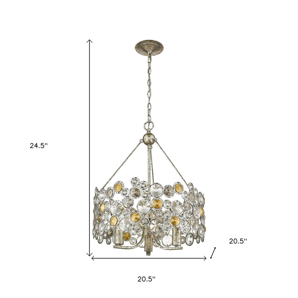 HomeRoots Silver Three Light Metal and Crystals Dimmable Chandelier With Silver Shades