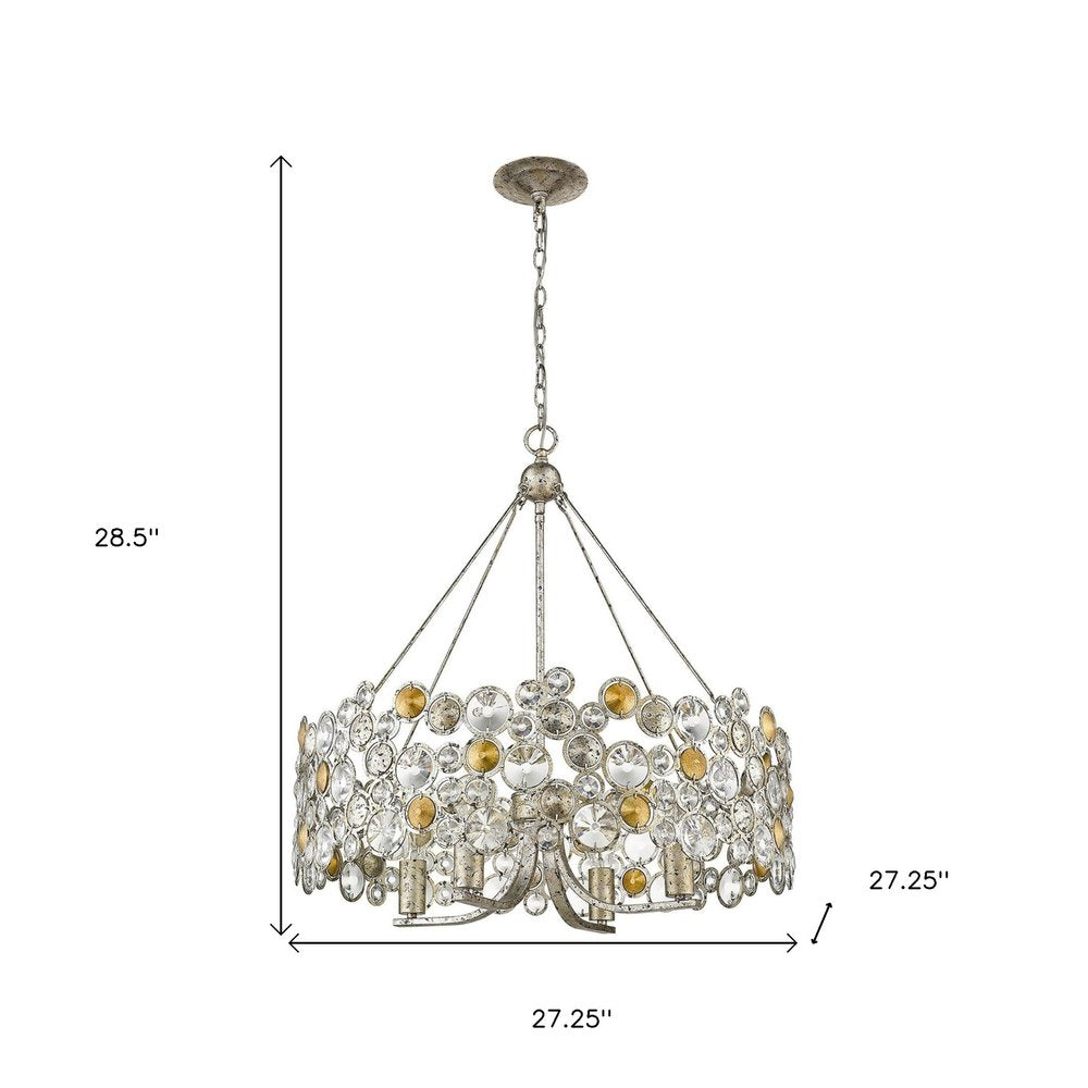 HomeRoots Silver Shaded Four Light Metal and Crystals Dimmable Chandelier With Silver Shades