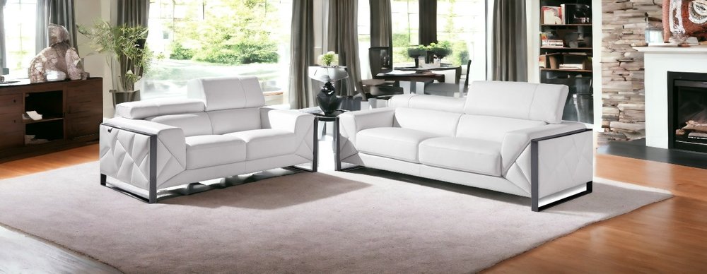 Two Piece Indoor White Italian Leather Five Person Seating Set