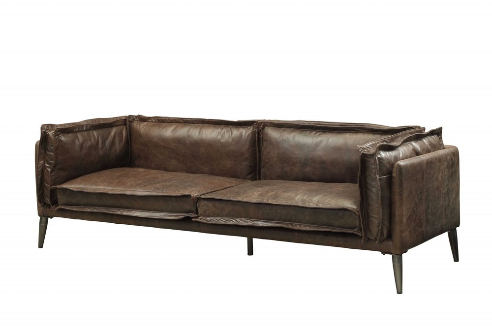 HomeRoots 94" Chocolate Top Grain Leather Sofa With Dark Brown Legs