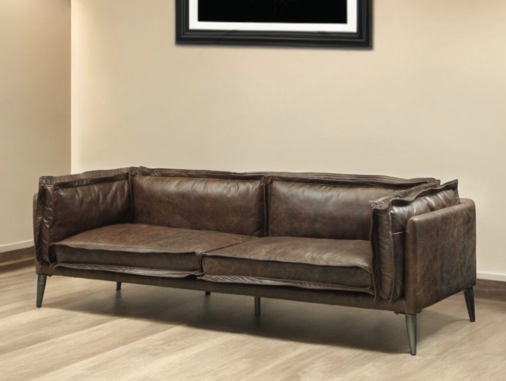 HomeRoots 94" Chocolate Top Grain Leather Sofa With Dark Brown Legs