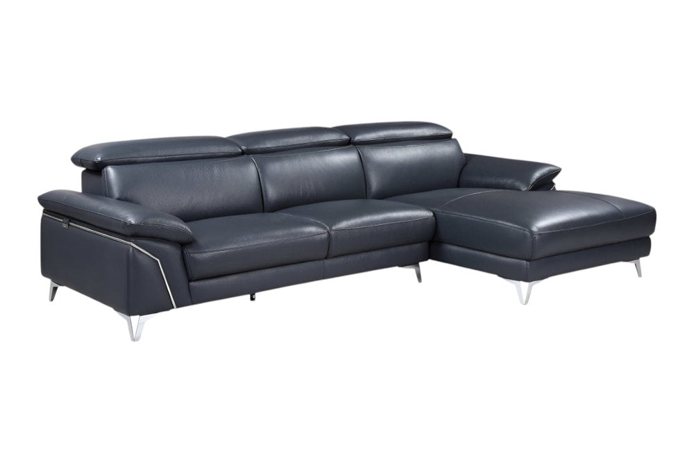 Navy Blue Italian Leather L Shaped Two Piece Sofa and Chaise Sectional