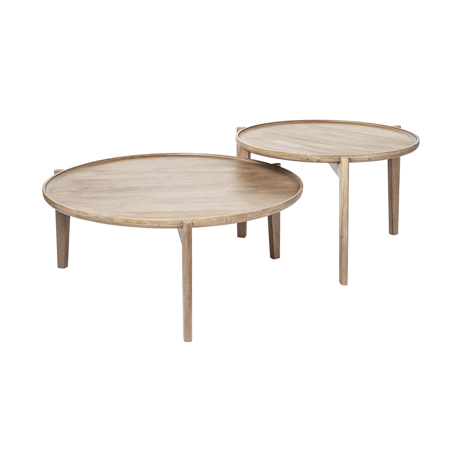 Set of Two Brown Solid Wood Round Nested Coffee Tables