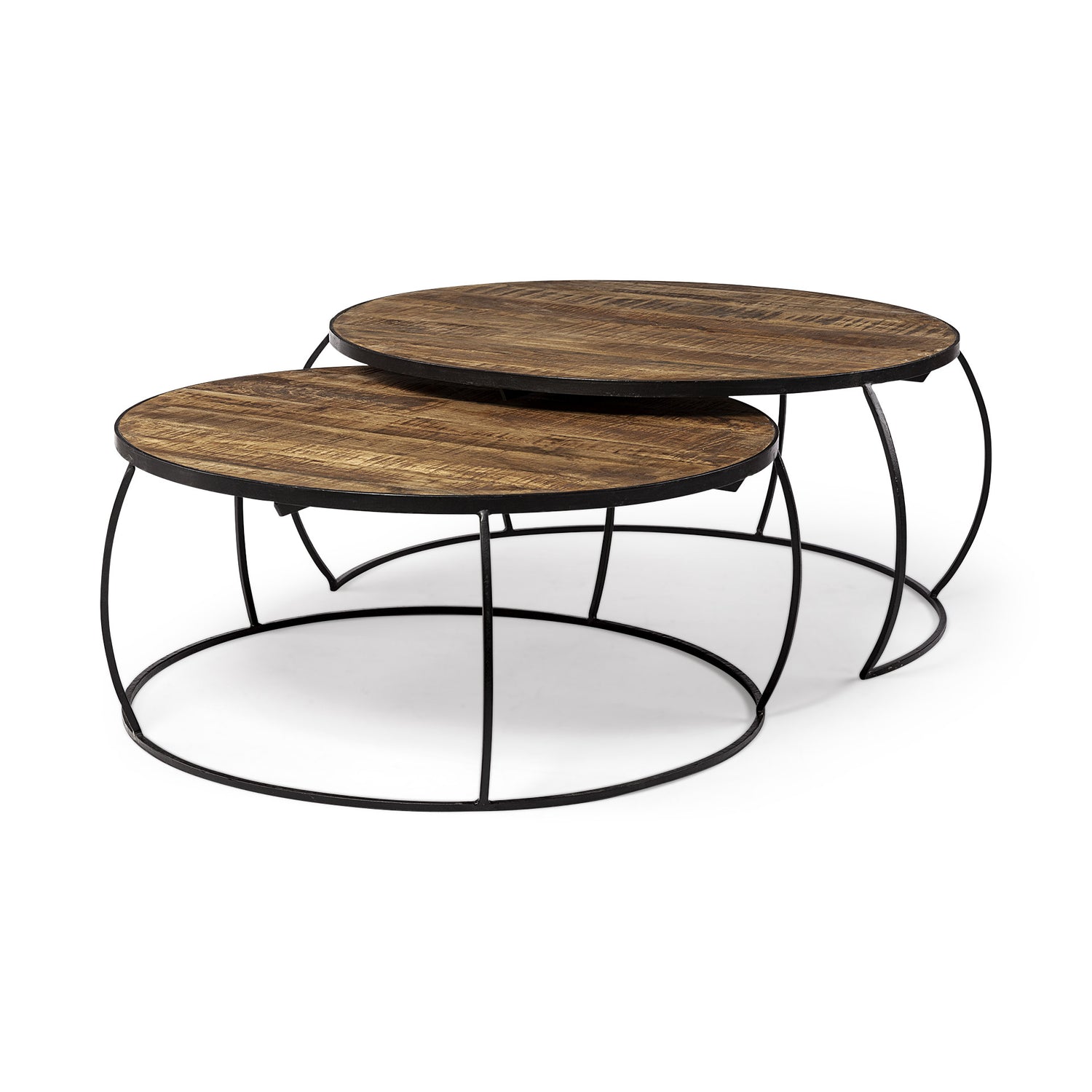 Brown and Black Wood and Metal Round Nested Coffee Tables