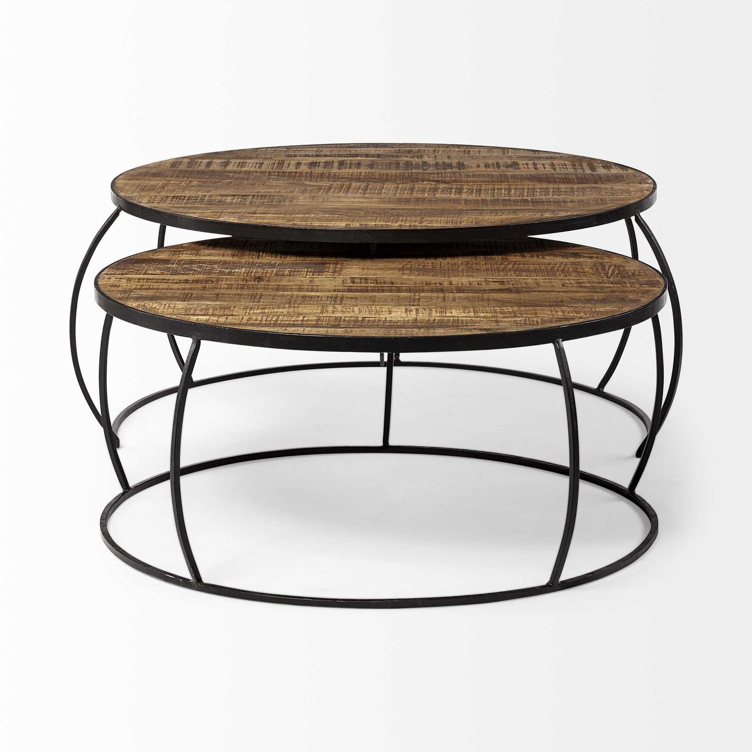 Brown and Black Wood and Metal Round Nested Coffee Tables