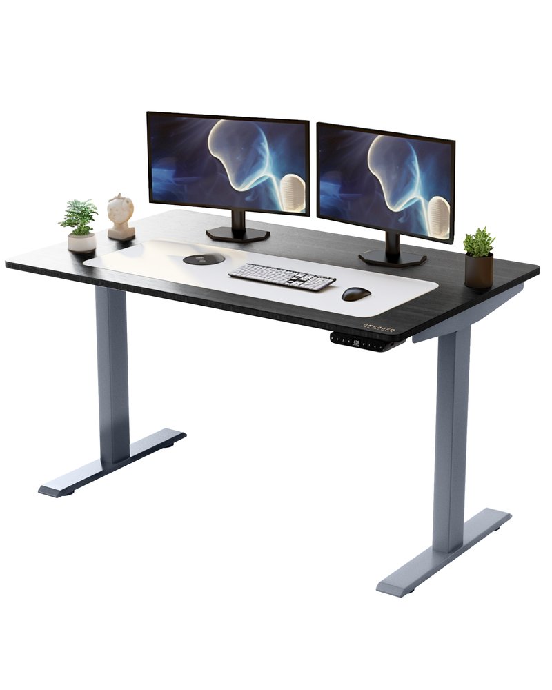 HomeRoots Gray and Black 52" Bamboo Dual Motor Electric Office Adjustable Computer Desk