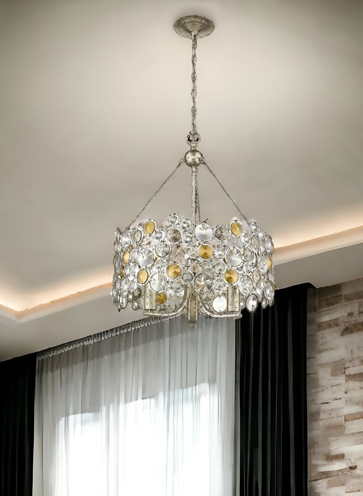 HomeRoots Silver Three Light Metal and Crystals Dimmable Chandelier With Silver Shades
