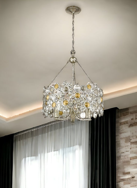 HomeRoots Silver Three Light Metal and Crystals Dimmable Chandelier With Silver Shades