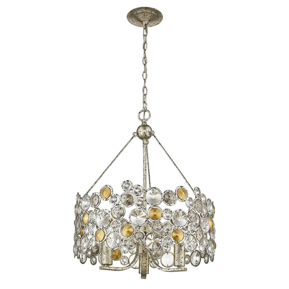 HomeRoots Silver Three Light Metal and Crystals Dimmable Chandelier With Silver Shades