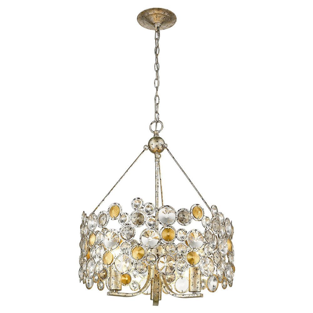 HomeRoots Silver Three Light Metal and Crystals Dimmable Chandelier With Silver Shades