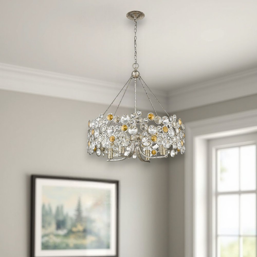 HomeRoots Silver Shaded Four Light Metal and Crystals Dimmable Chandelier With Silver Shades