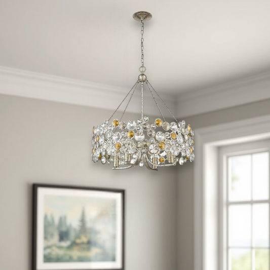 HomeRoots Silver Shaded Four Light Metal and Crystals Dimmable Chandelier With Silver Shades
