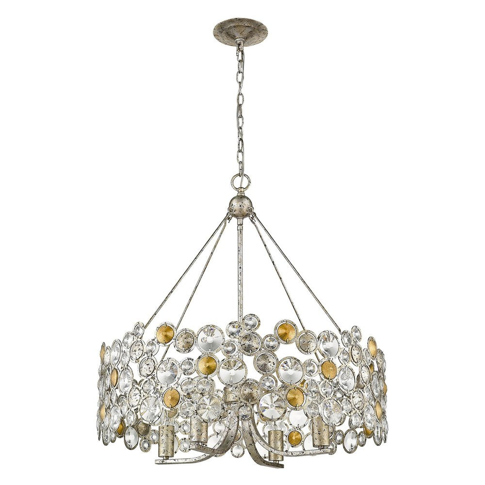 HomeRoots Silver Shaded Four Light Metal and Crystals Dimmable Chandelier With Silver Shades