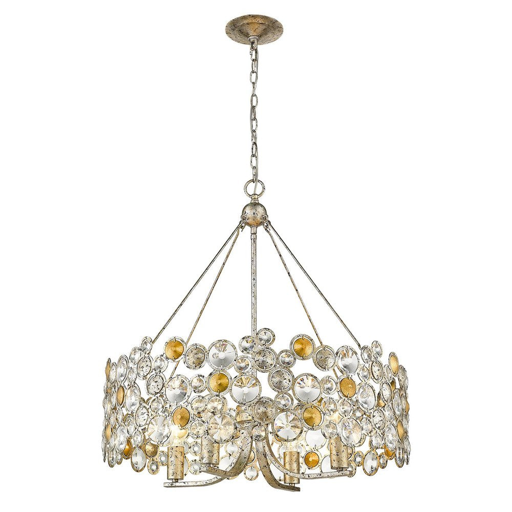 HomeRoots Silver Shaded Four Light Metal and Crystals Dimmable Chandelier With Silver Shades