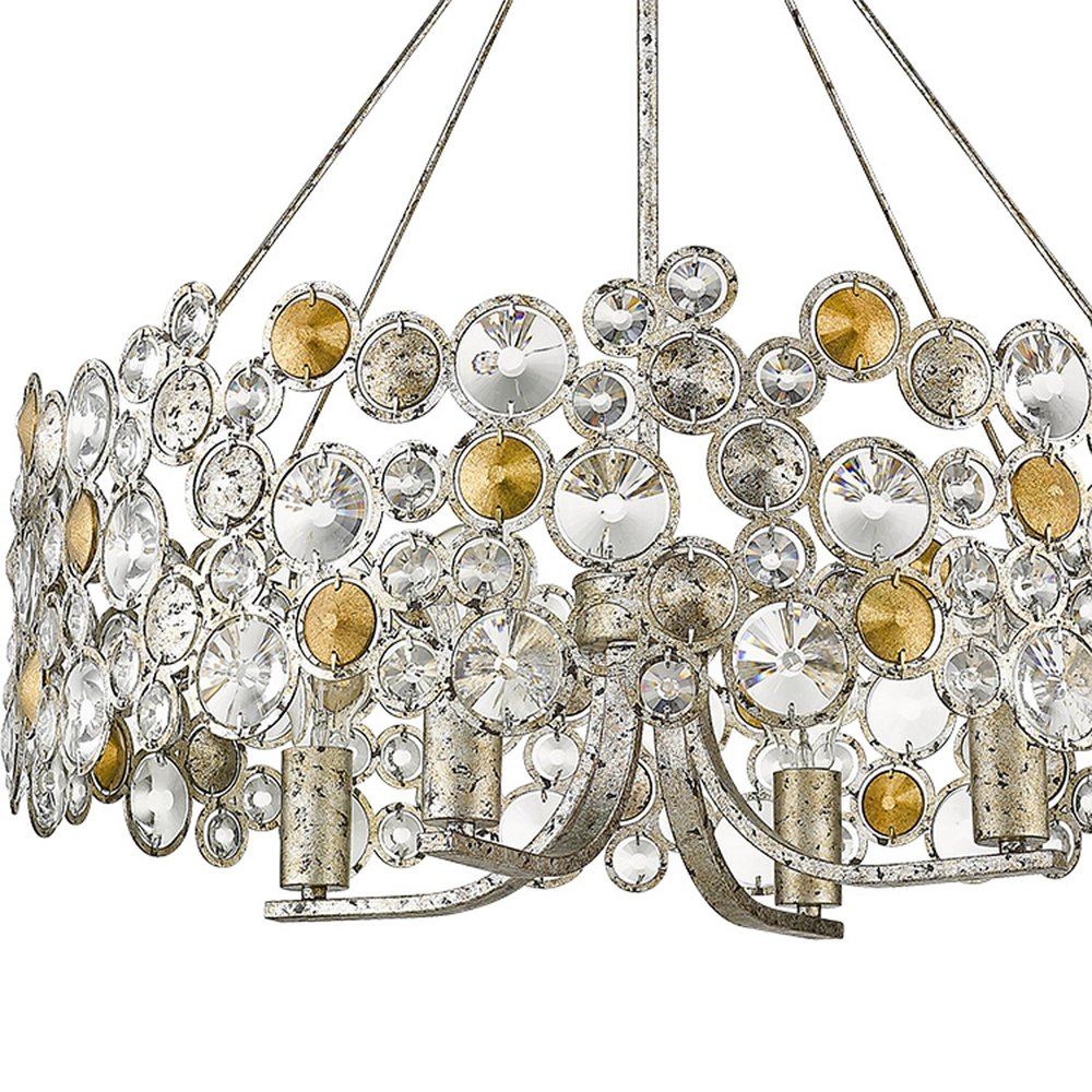 HomeRoots Silver Shaded Four Light Metal and Crystals Dimmable Chandelier With Silver Shades