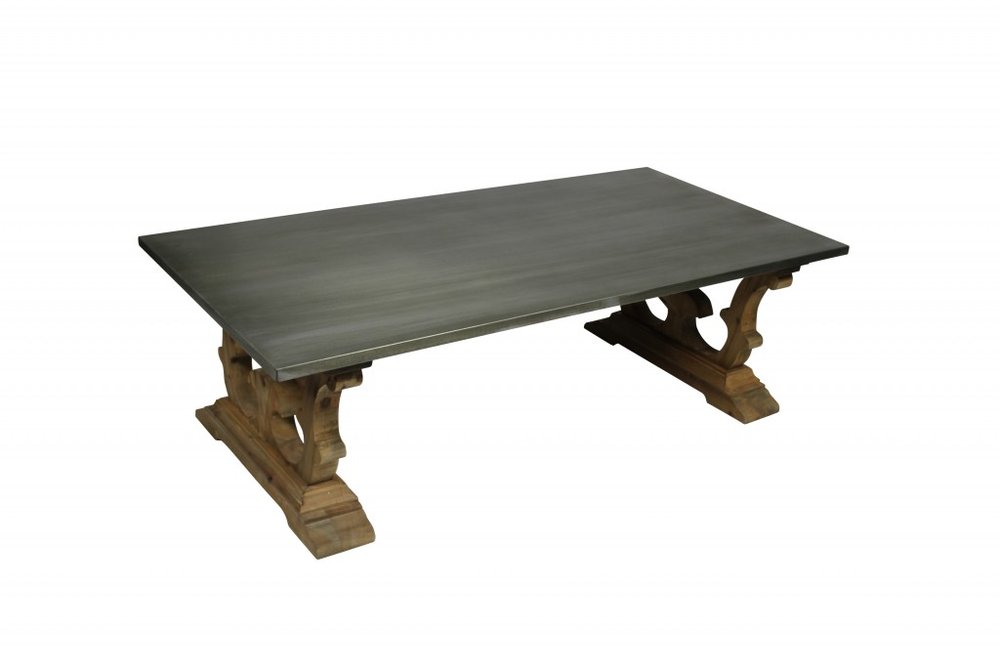 HomeRoots " Gray and Brown Zinc and Solid Wood Pedestal Coffee Table
