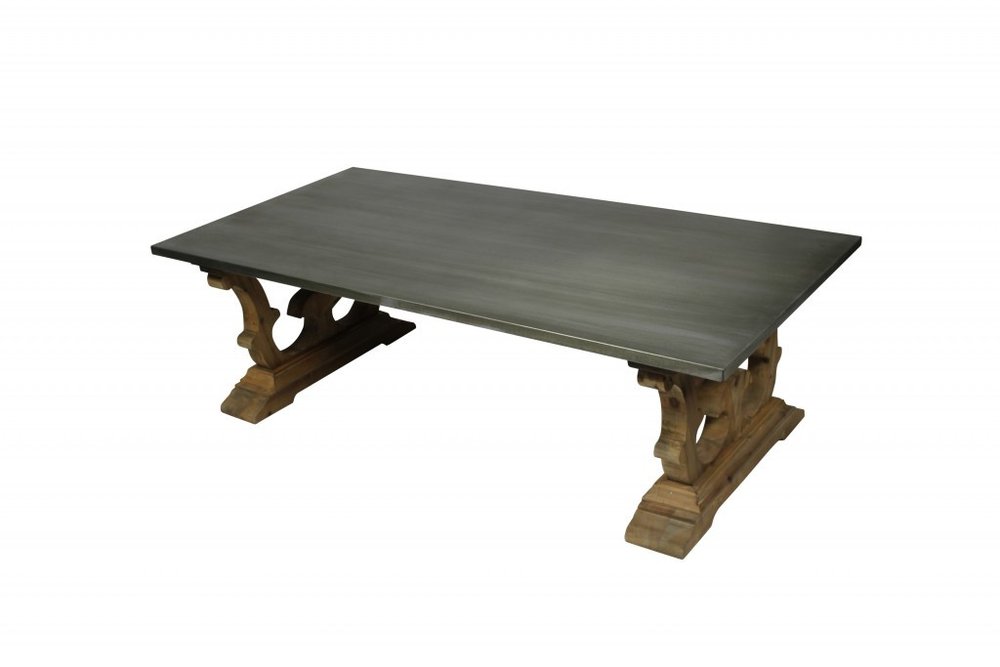 HomeRoots " Gray and Brown Zinc and Solid Wood Pedestal Coffee Table