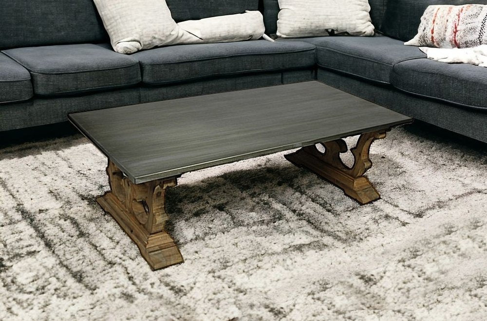 HomeRoots " Gray and Brown Zinc and Solid Wood Pedestal Coffee Table