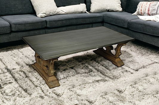 HomeRoots " Gray and Brown Zinc and Solid Wood Pedestal Coffee Table