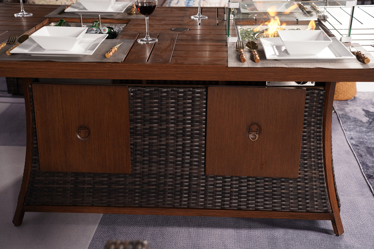 HomeRoots Brown Wicker Outdoor Gas Fire Pit Table with Ice Bucket