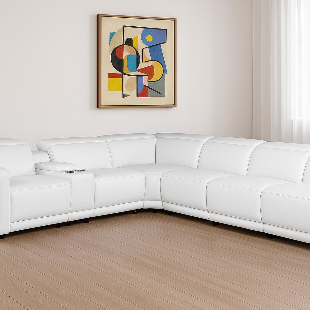 White Italian Leather Modular L Shaped Seven Piece Corner Sectional With Console
