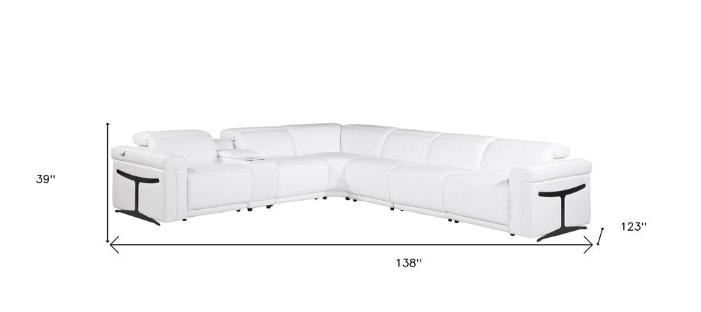 White Italian Leather Modular L Shaped Seven Piece Corner Sectional With Console