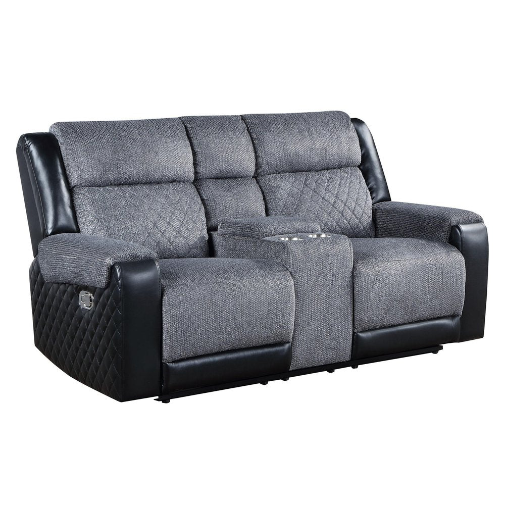 76" Gray and Black Faux Leather and Microfiber Manual Reclining Loveseat With Storage