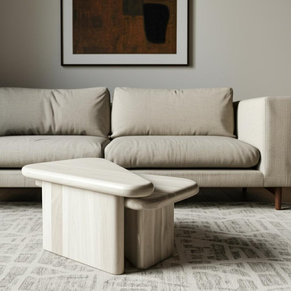 Set of Two Natural Solid Wood Triangle Pedestal Nested Coffee Tables