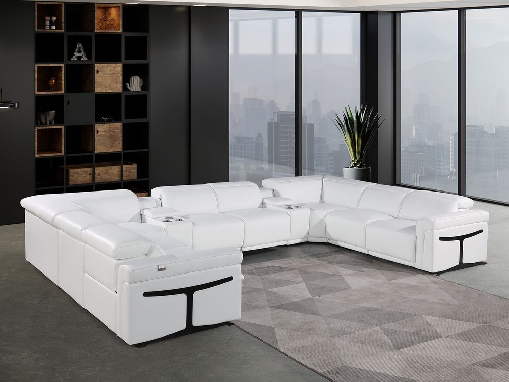 White Italian Leather Power Reclining U Shaped Ten Piece Corner Sectional With Console