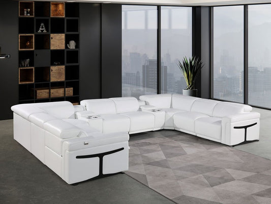 White Italian Leather Power Reclining U Shaped Ten Piece Corner Sectional With Console