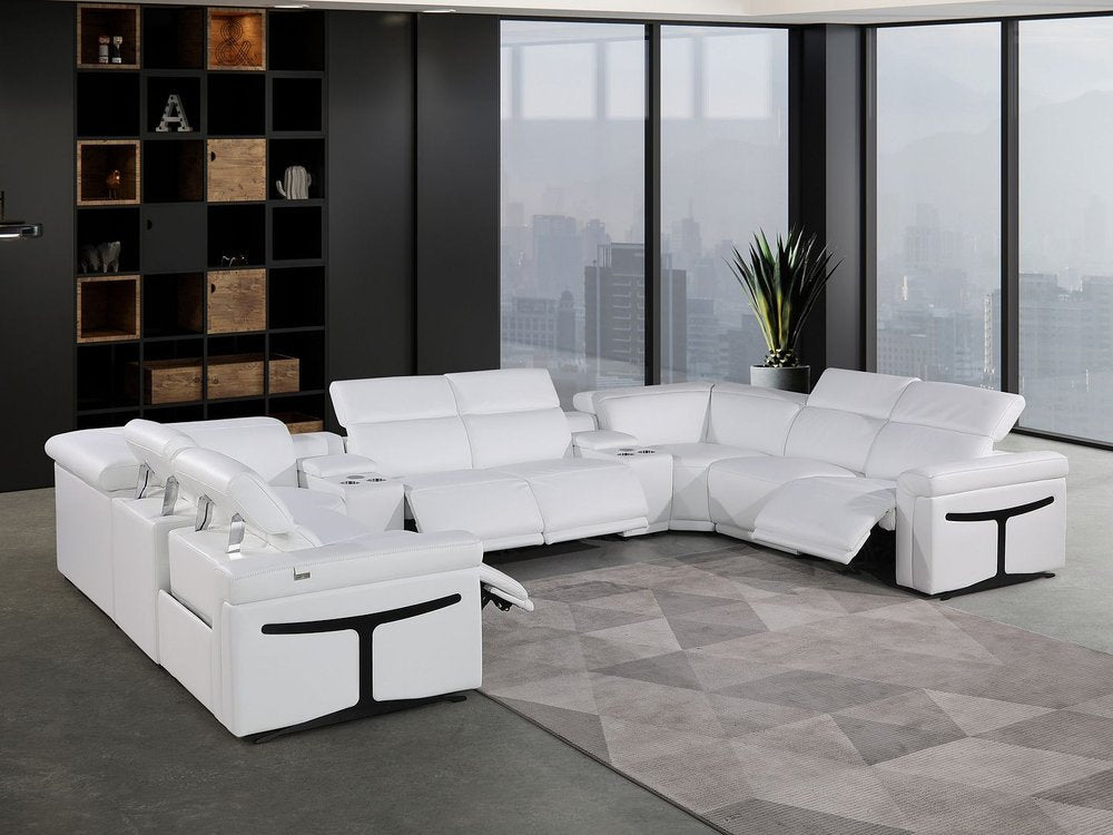 White Italian Leather Power Reclining U Shaped Ten Piece Corner Sectional With Console