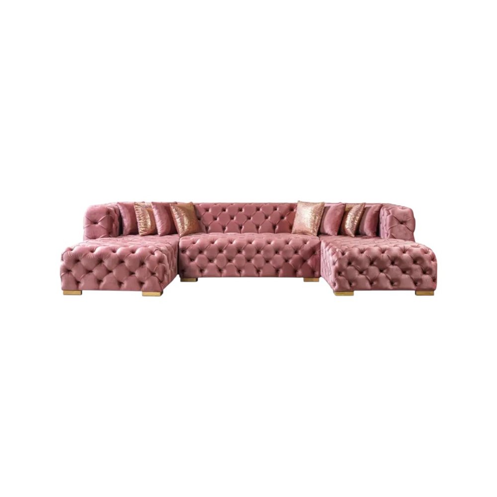 HomeRoots Tufted Pink Velvet Modular U Shaped Sofa and Chaise Sectional With Toss Pillows