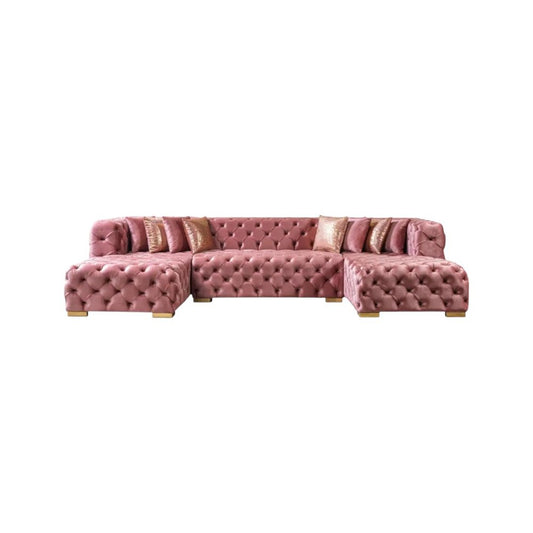 HomeRoots Tufted Pink Velvet Modular U Shaped Sofa and Chaise Sectional With Toss Pillows