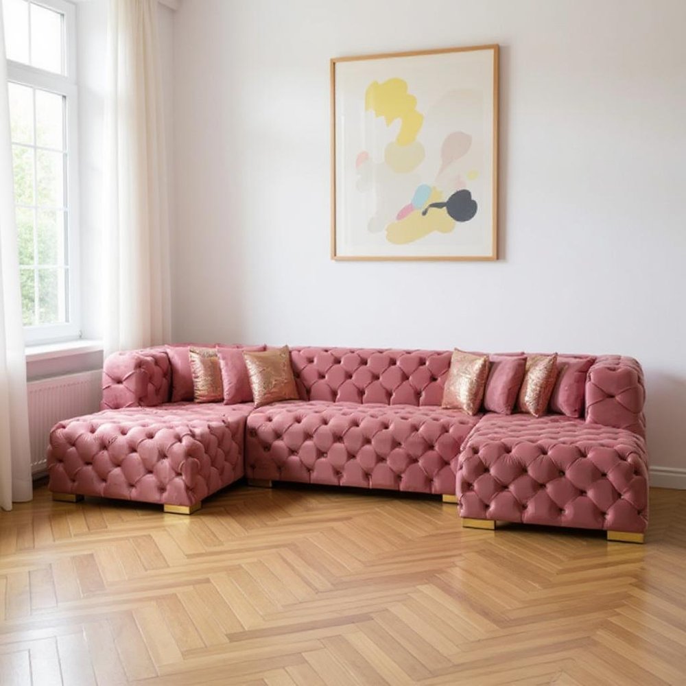 HomeRoots Tufted Pink Velvet Modular U Shaped Sofa and Chaise Sectional With Toss Pillows