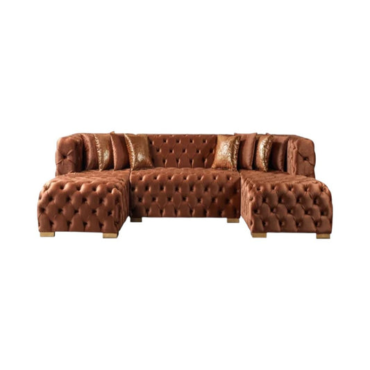 HomeRoots Tufted Orange Velvet Modular U Shaped Sofa and Chaise Sectional With Toss Pillows