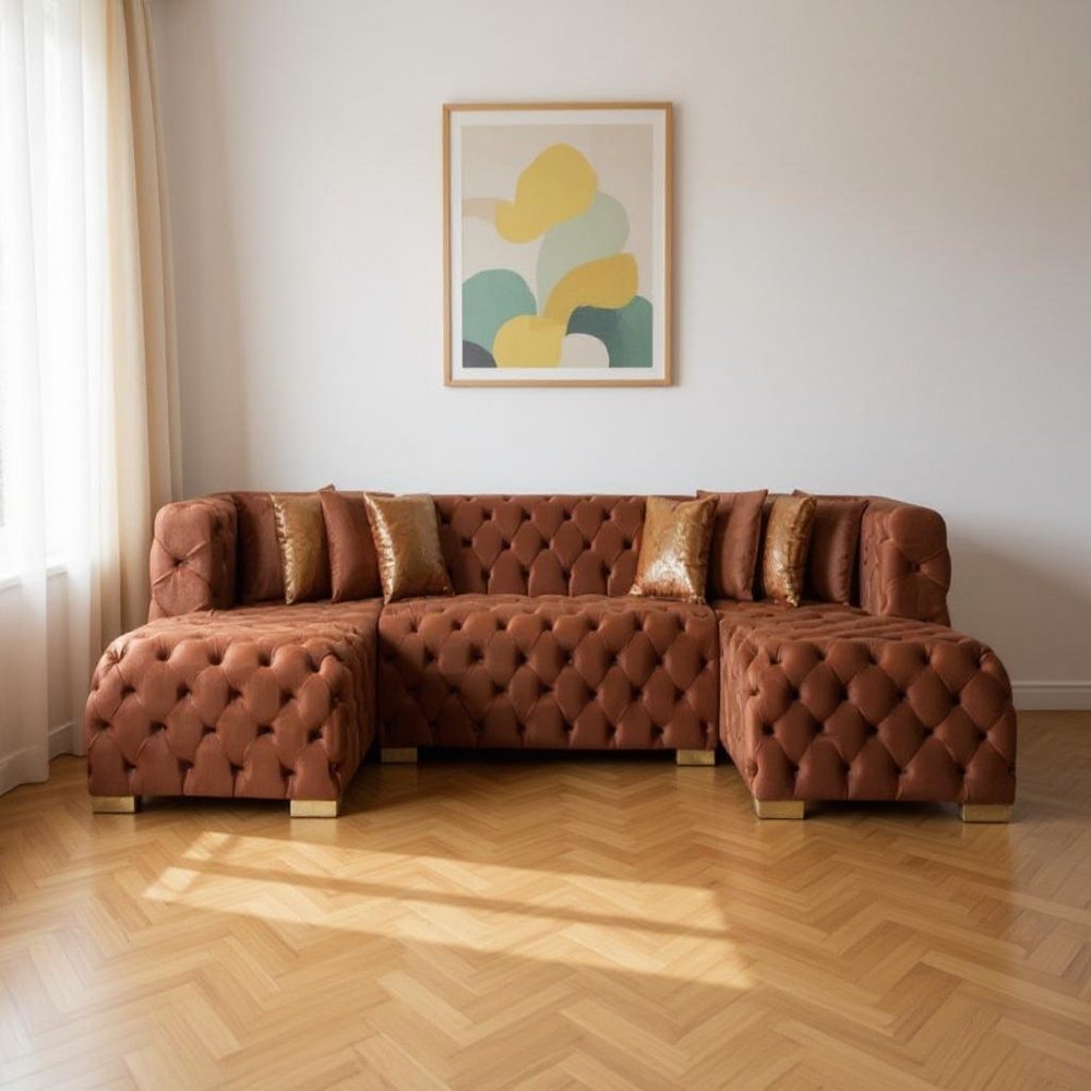 HomeRoots Tufted Orange Velvet Modular U Shaped Sofa and Chaise Sectional With Toss Pillows