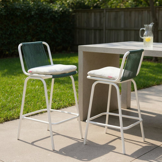 HomeRoots Set of Two White and Green Woven Back And Aluminum Counter Height Bar Chairs