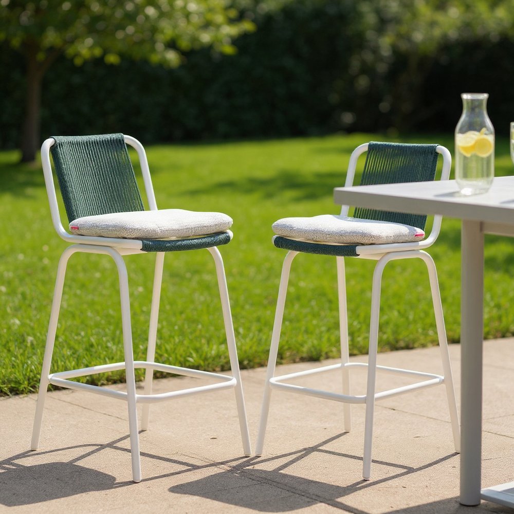 HomeRoots Set of Two White and Green Woven Back And Aluminum Counter Height Bar Chairs