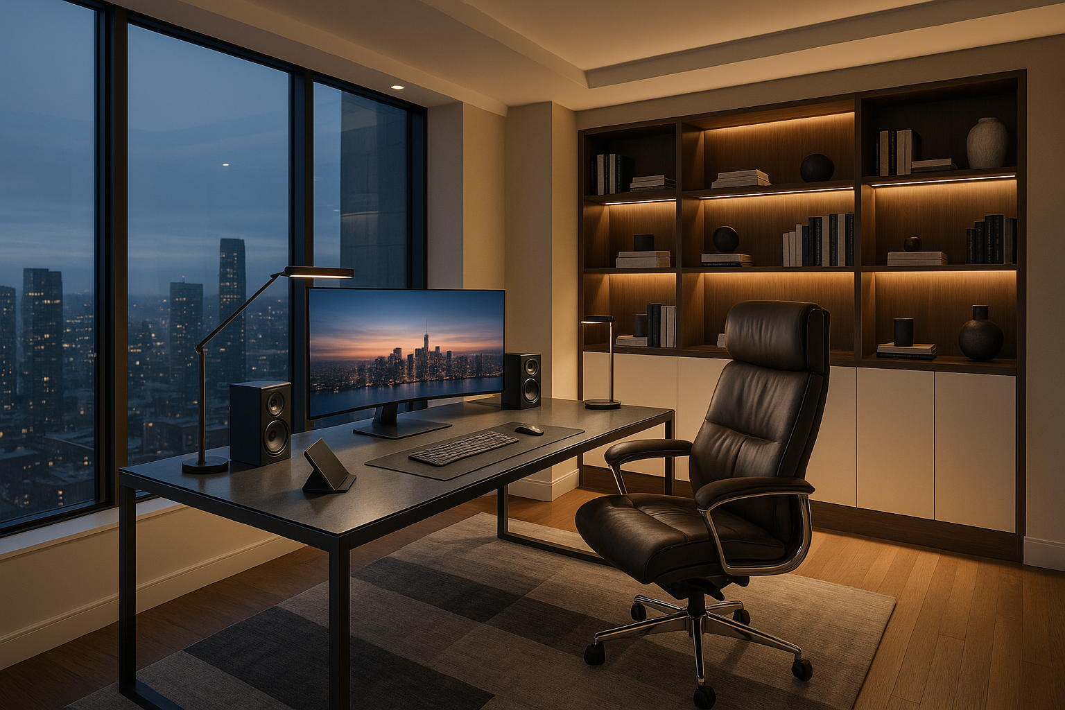 Executive Home Office → sleek modern desk setup with smart lighting, premium chair, and tech accessories.